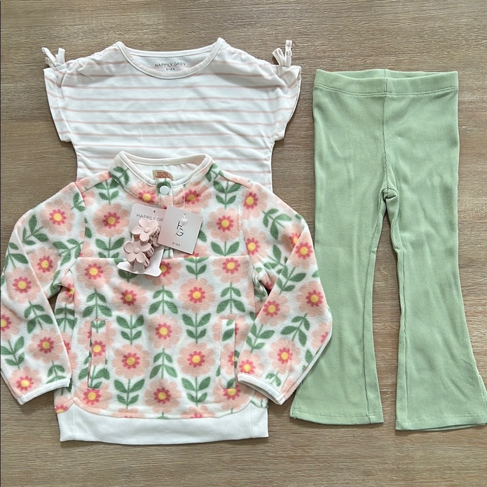 Happily Grey Toddler Girl 4 Piece Set Fleece Shirt Leggings Clip 3T